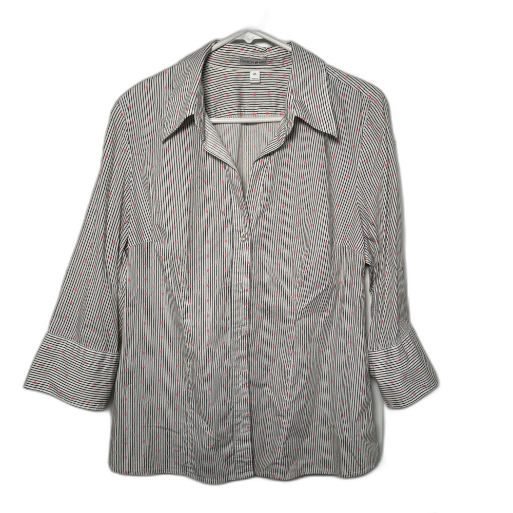 Fashion Bug XL Button Up Shirt Pink Floral Dot Stripe Stretch Career Blouse